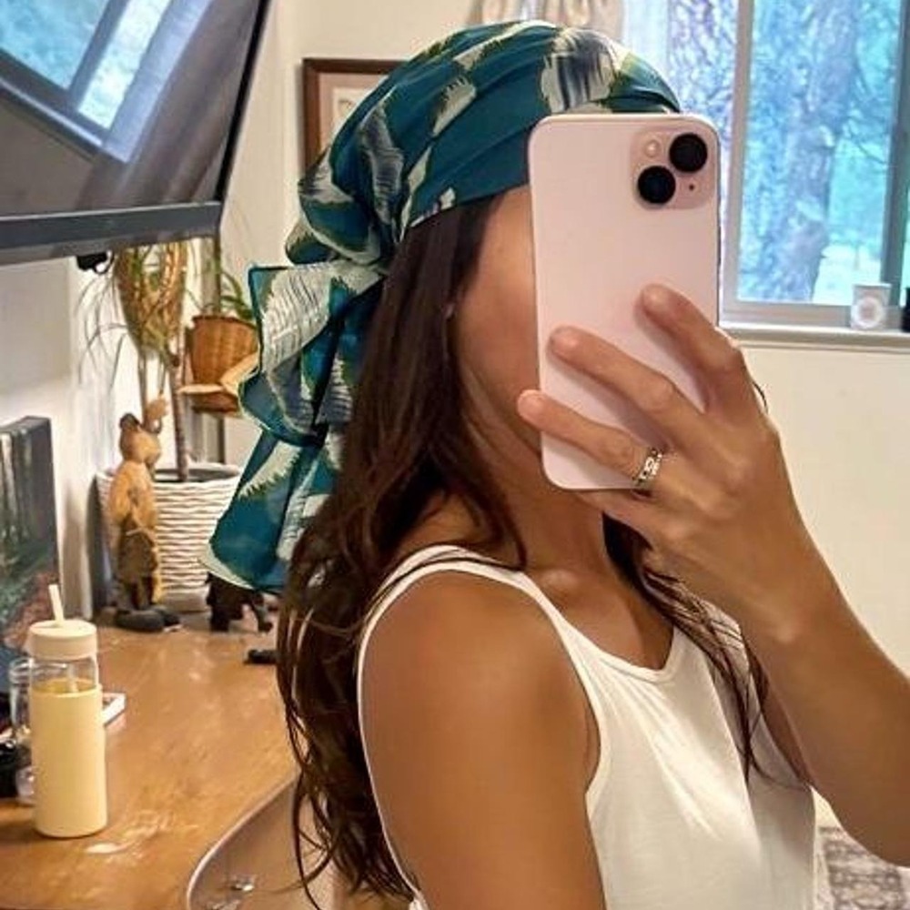 Teal Abstract Ikat Print Silky Rectangular Scarf Head Wrap Waist Tie Accessory